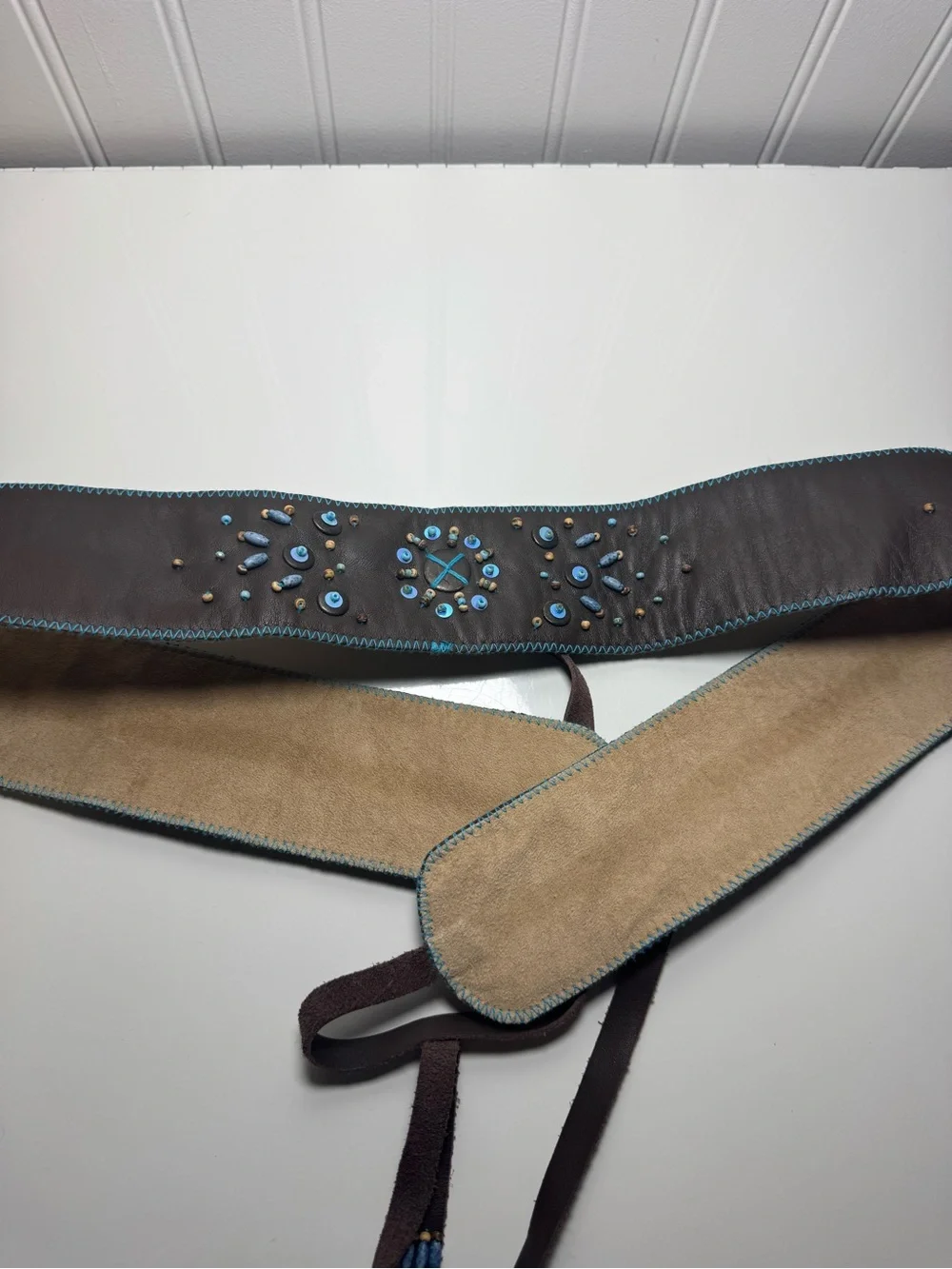 J. Jill Brown Leather Waist Belt with Turquoise Bead Embellishment